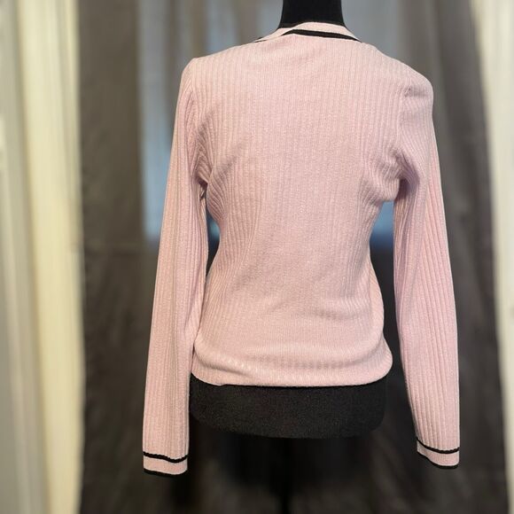 Express Pink Ribbed V-Neck Cardigan Black Trim Gold Buttons Classic Elegant Med - Picture 5 of 13
